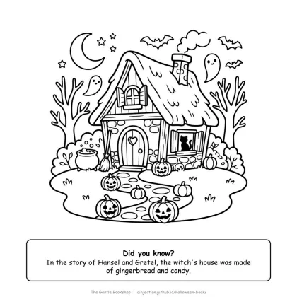 Witch's cottage in the woods with a pumpkin path, Halloween coloring page for adults