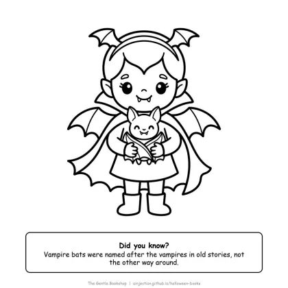 Vampire girl in a cape holding a smiling bat, Halloween coloring page for adults