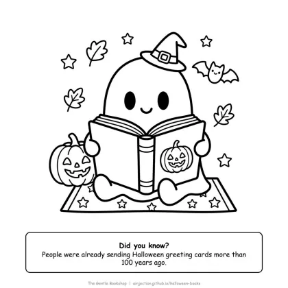 Ghost sitting and reading a book, Halloween coloring page for adults