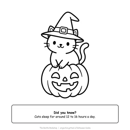 Black cat wearing a witch hat sitting on top of a jack-o'-lantern, Halloween coloring page for adults