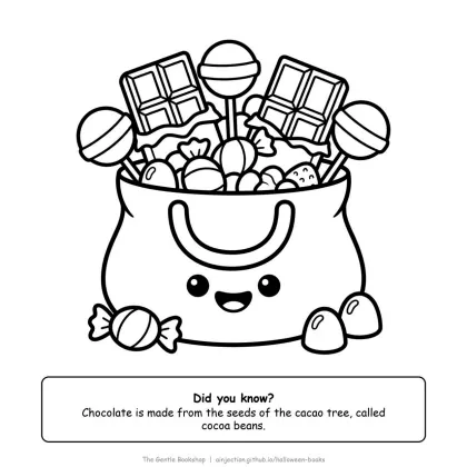 Trick-or-treat bag full of chocolate bars and candy, Halloween coloring page for adults