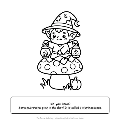 Goblin sitting on a toadstool holding a glowing lantern, Halloween coloring page for adults