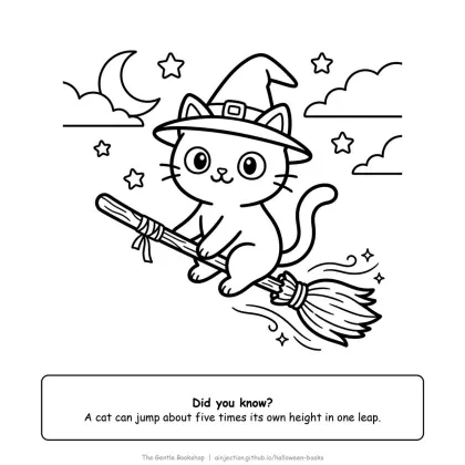 Black cat riding on a broomstick, Halloween coloring page for adults