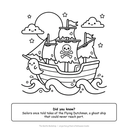 Ghost pirate ship with tattered sails on the waves under a full moon, Halloween coloring page for adults