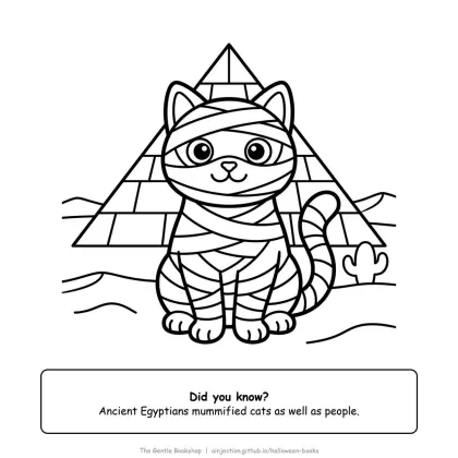 Mummy cat wrapped in loose bandages sitting in front of a pyramid, Halloween coloring page for adults
