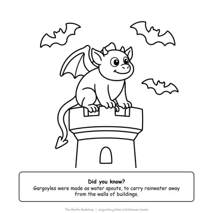 Gargoyle sitting on a castle roof with bats flying past, Halloween coloring page for adults