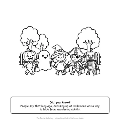 Children in costumes walking in a Halloween parade, Halloween coloring page for adults