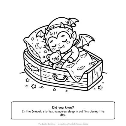 Vampire sleeping in a coffin with a pillow and a teddy, Halloween coloring page for adults