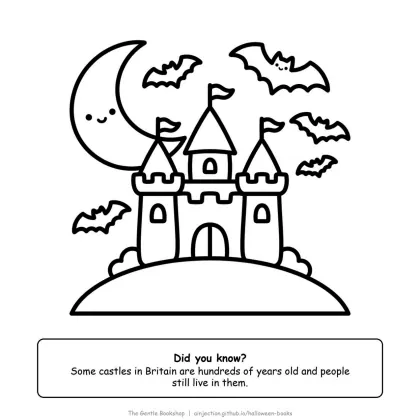 Castle on a hill with bats and a big moon, Halloween coloring page for adults