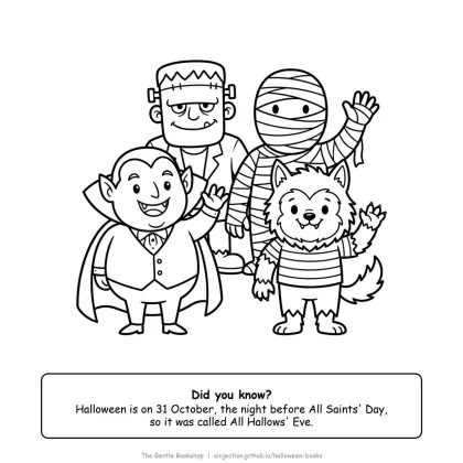 Dracula, Frankenstein monster, mummy and werewolf standing together waving, Halloween coloring page for adults