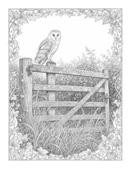 Barn owl on a wooden gate, Halloween coloring page for adults