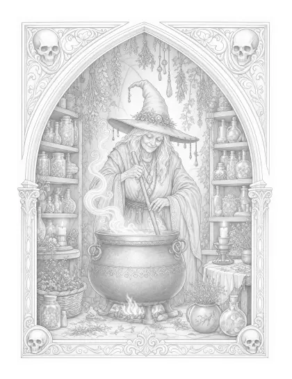 Witch stirring a cauldron under a gothic arch, Halloween coloring page for adults