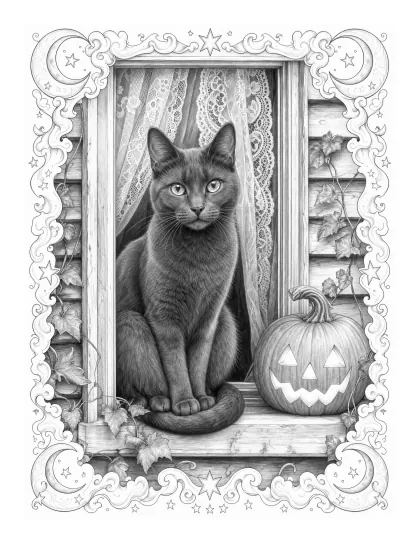 Black cat in a lace-curtained window with a jack-o'-lantern, Halloween coloring page for adults
