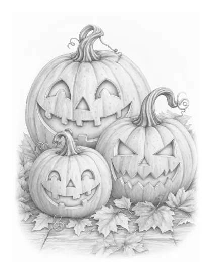 Three carved pumpkins with autumn leaves, Halloween coloring page for adults