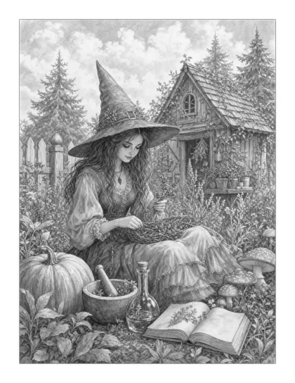 Witch in a pumpkin patch with her spell book, Halloween coloring page for adults