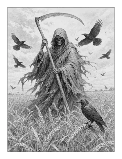 Grim Reaper in a wheat field with crows, Halloween coloring page for adults