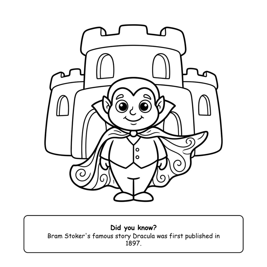Dracula coloring page with a fact box