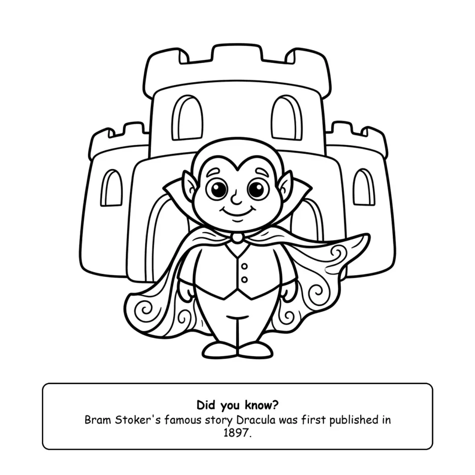 Bold and easy page: Count Dracula in front of his castle, with a fact box