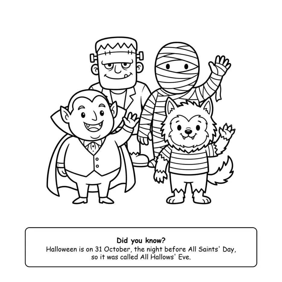 Bold and easy page: Dracula, Frankenstein, a mummy and a werewolf waving, with a fact box