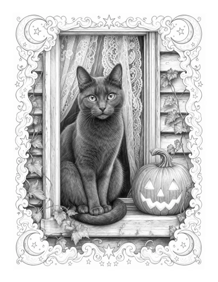 Grayscale colouring page: a black cat in a window with a lantern