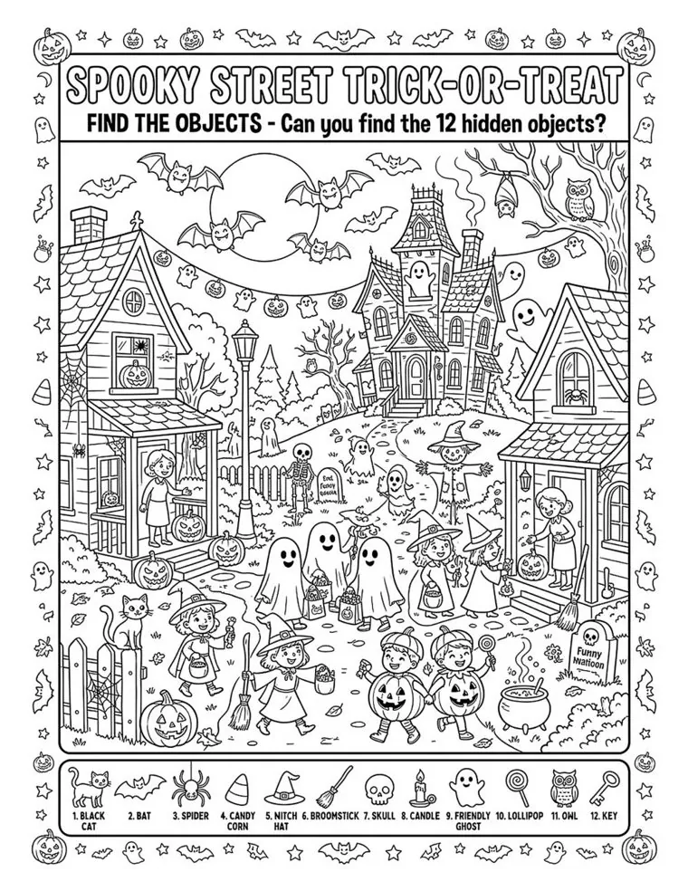Seek and find page: Spooky Street Trick-or-Treat