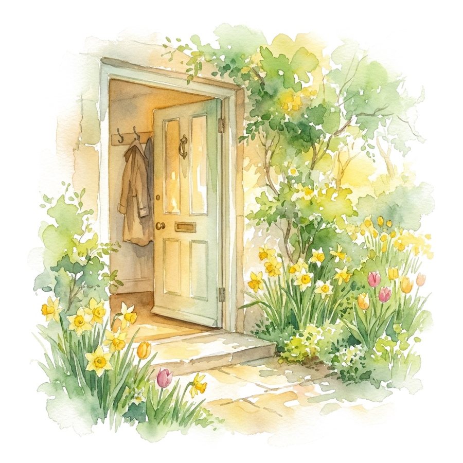 Watercolour of a cottage door left open onto a spring garden